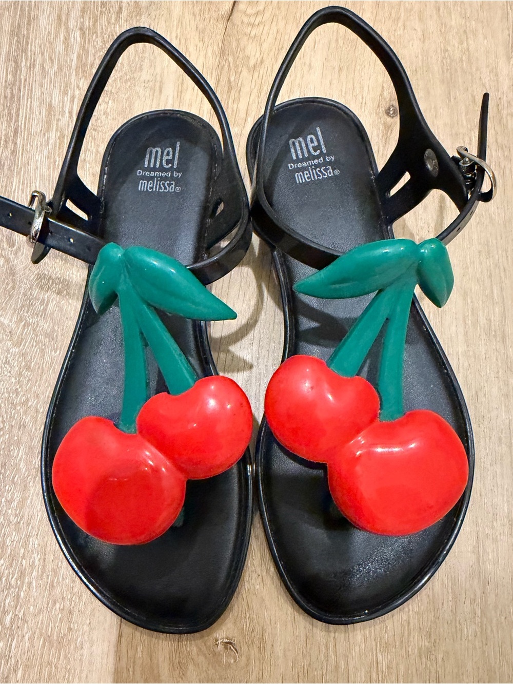 Mel dreamed by Melissa Black Sandals with Red Cherry and Green Leaf Accent